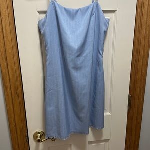 BLUE DRESS WITH WHITE PIN STRIPES AND BOW IN BACK